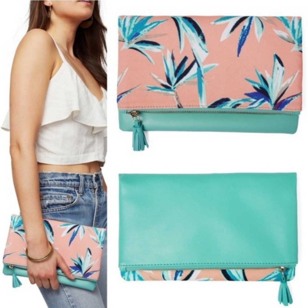 Rachel Pally Tropical Foldover Clutch Coral Mint Resort Vacation Bag NWOT